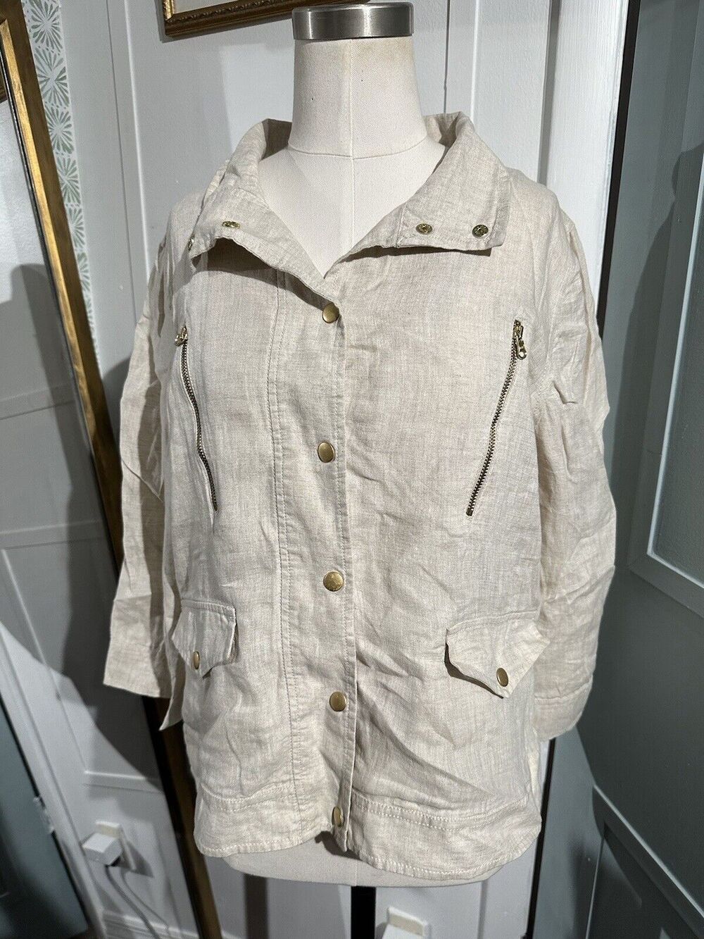 Chicos Linen Snap Front Jacket Flax Solid 3/4 Length Sleeves Size 1 Medium